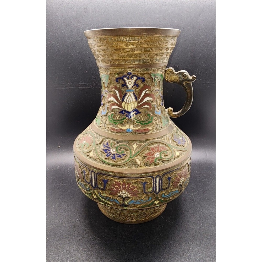 Vintage Heavy Brass Japanese Inlaid Cloisonné Missing 1 Handle Vase Made Japan - Picture 2 of 14